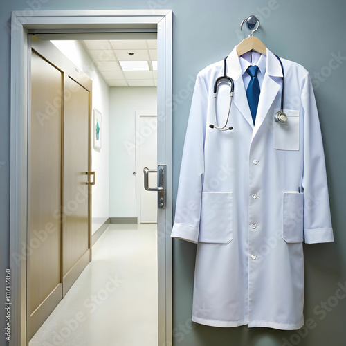 A doctor's coat hanging in front of a hospital door, symbolizing healthcare, photo