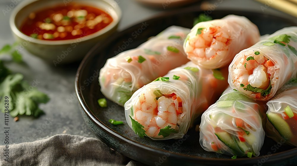 Delicious Shrimp Summer Rolls with Peanut Sauce. Delicious Shrimp Summer Rolls with Peanut Sauce.