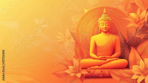 A serene Buddha statue in orange hues surrounded by floral elements, symbolizing peace and meditation.