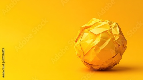 Abstract yellow crumpled paper sphere on yellow background.