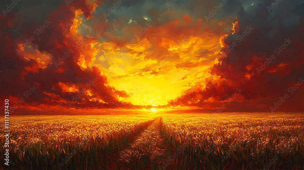 Fototapeta premium Sunset over golden fields nature landscape vibrant sky view