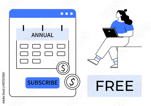 Annual calendar with subscribe button, currency symbols, and free offer banner. Woman sitting with a laptop. Ideal for marketing, subscriptions, promotions, online services, digital marketing, email