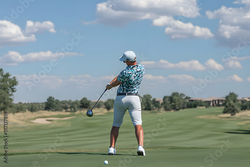 A golfer prepares to tee off on a sunny day at a well-maintained golf course.