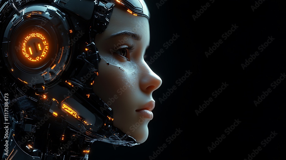 Futuristic robot portrait studio digital art dark background close-up Futuristic robot portrait studio digital art dark background close-up