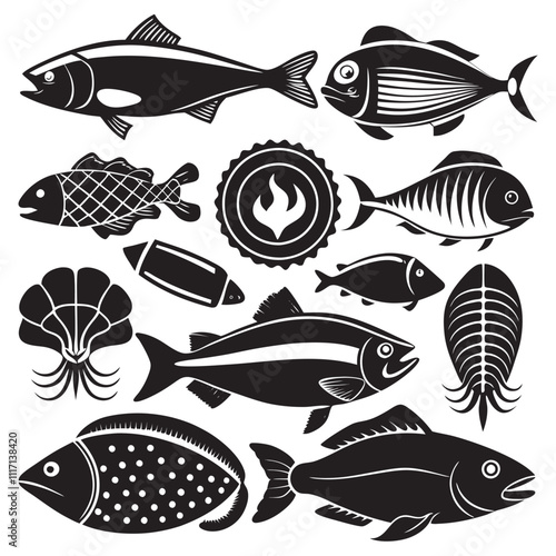 Seafood and fish glyph icon set vector illustrator. Engraved fish bream, mackerel, tuna or sterlet, catfish, codfish and halibut, lobster