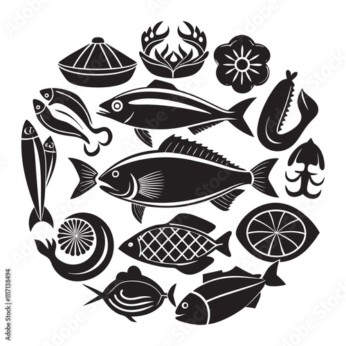 
Seafood and fish glyph icon set vector illustrator. Engraved fish bream, mackerel, tuna or sterlet, catfish, codfish and halibut, lobster,