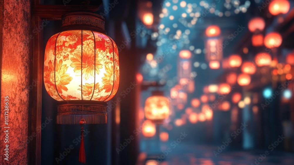 Fototapeta premium Traditional Lunar New Year lanterns, red and gold theme, delicate patterns, warm festive lighting.