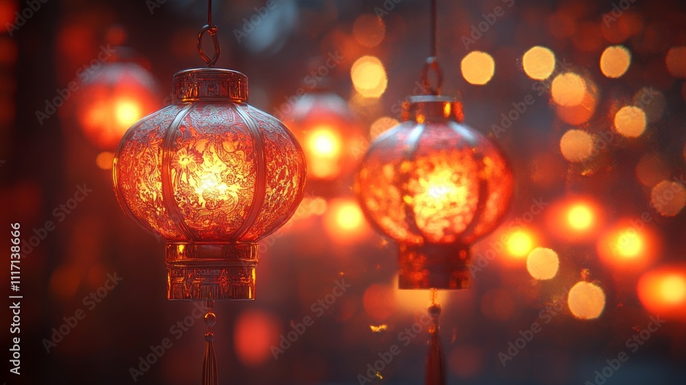 Traditional Lunar New Year lanterns, red and gold theme, delicate patterns, warm festive lighting. Traditional Lunar New Year lanterns, red and gold theme, delicate patterns, warm festive lighting.