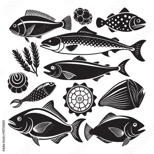 Seafood and fish glyph icon set vector illustrator. Engraved fish bream, mackerel, tuna or sterlet, catfish, codfish and halibut, lobster