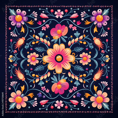 square mandala with colorful floral patterns