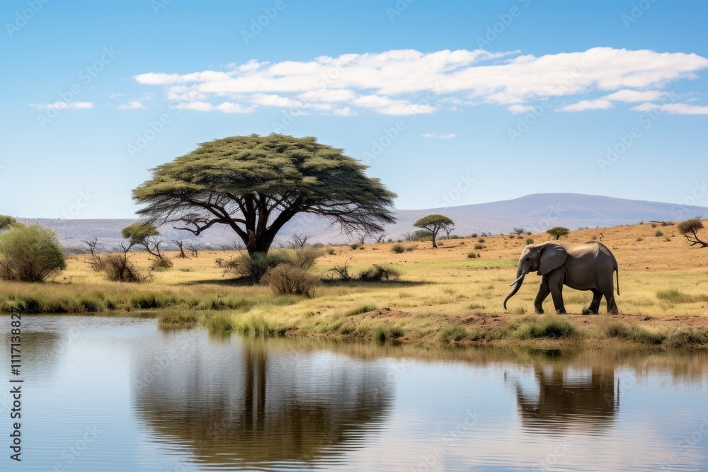 Obraz premium An elephant making its way toward an isolated waterhole, surrounded by sparse vegetation under a clear blue sky. The calm water reflects the elephant's image