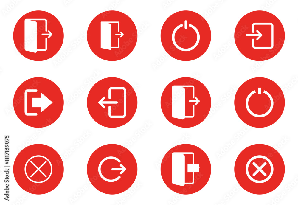 Set of deny stop Vector black line icon exit door sign isolated on red background button icons for your design close door store Set of deny stop Vector black line icon exit door sign isolated on red background button icons for your design close door store