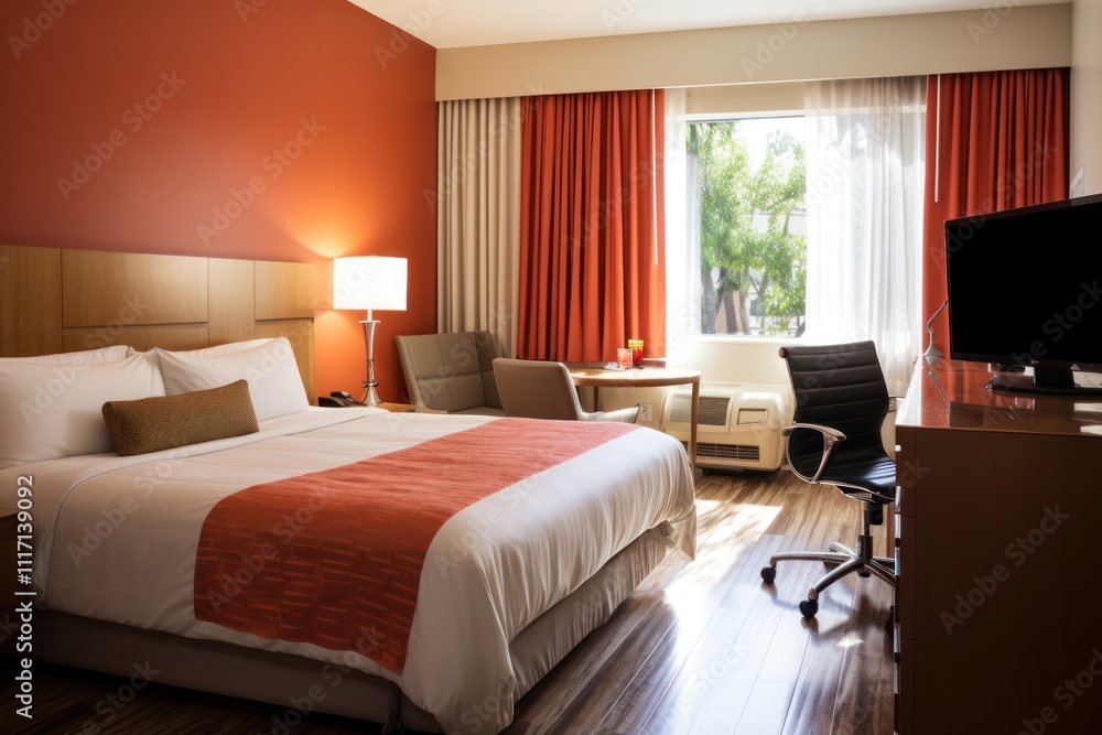 Fototapeta premium An inviting hotel room showcasing a queen-sized bed adorned with vibrant throw pillows, a stylish bedside table, and a warm color palette.