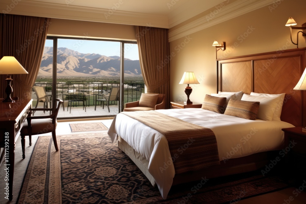 An upscale hotel room featuring a lavish king-sized bed with a luxurious duvet, decorative pillows, and a plush area rug. The room is equipped with a large wardrobe, a bedside lamp An upscale hotel room featuring a lavish king-sized bed with a luxurious duvet, decorative pillows, and a plush area rug. The room is equipped with a large wardrobe, a bedside lamp