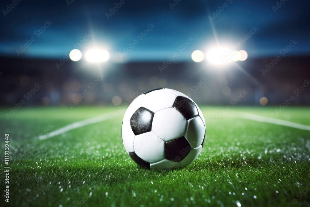Naklejka premium Close-up of a pristine soccer ball lying on the center spot of an immaculate grass pitch, surrounded by the blurred outlines of cheering fans 