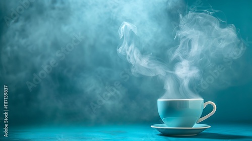 Cup with steam rising in the shape of wings on blue background photo