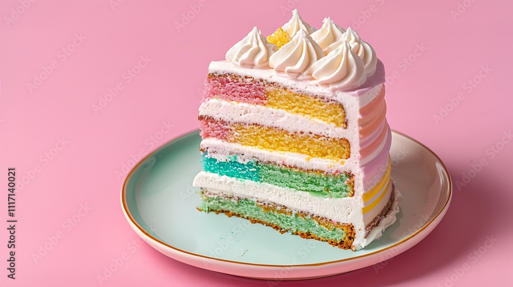 Front view of a pastel rainbow cake slice on a plate, isolated on pink, with ample copy space. Minimalist food photography concept. Front view of a pastel rainbow cake slice on a plate, isolated on pink, with ample copy space. Minimalist food photography concept.