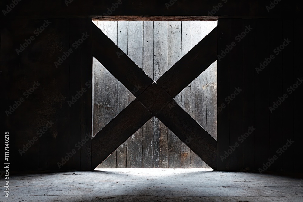 Fototapeta premium In a shadowy room, a cross-shaped door takes center stage, its dark wood surface reflecting minimal light. The door's geometric design creates an intriguing focal point