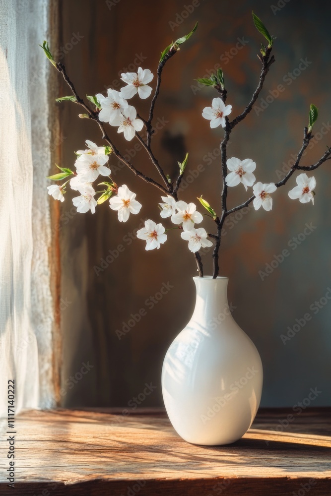 White vase with white flowers on wood White vase with white flowers on wood