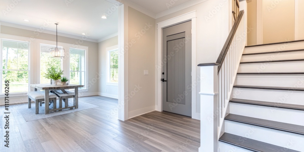 a room with table and plant, staircase and a door beside it a room with table and plant, staircase and a door beside it