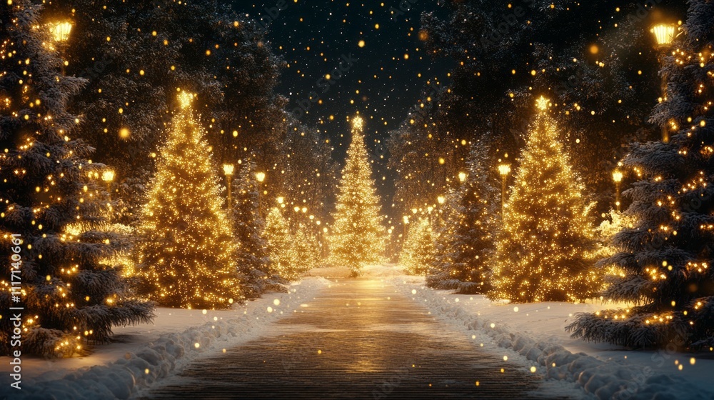 A magical winter pathway comes alive with sparkling golden lights and beautifully adorned Christmas trees. Snow blankets the ground, creating a serene atmosphere under the night sky