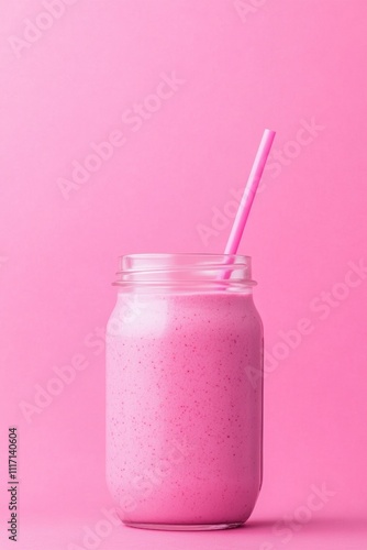 Pink smoothie in a glass jar with a straw on a pink pastel background with copy space