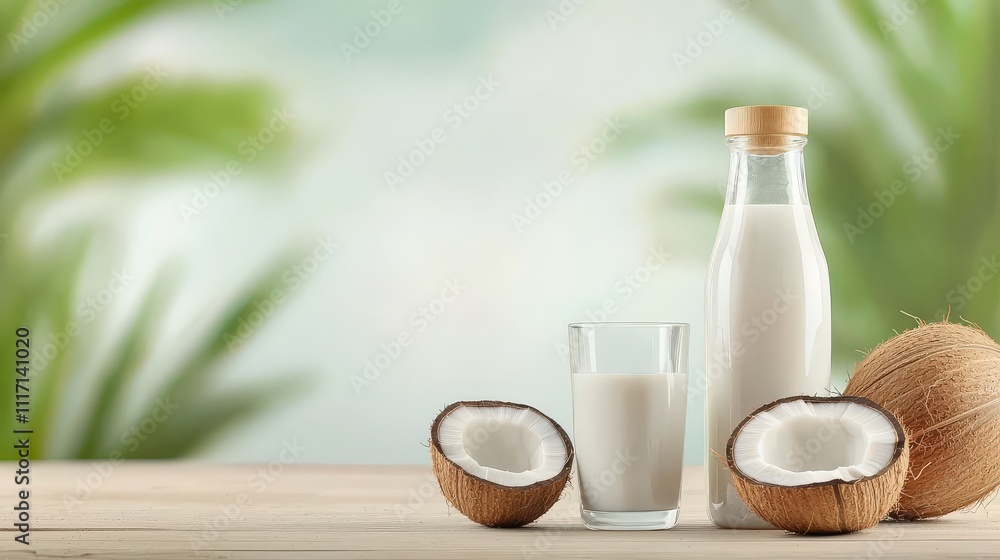 A bottle of coconut oil and a glass of coconut milk placed on a natural wood table with fresh coconut halves.