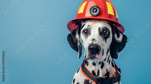 Dalmatian with a firefighter's hat on blue background photo