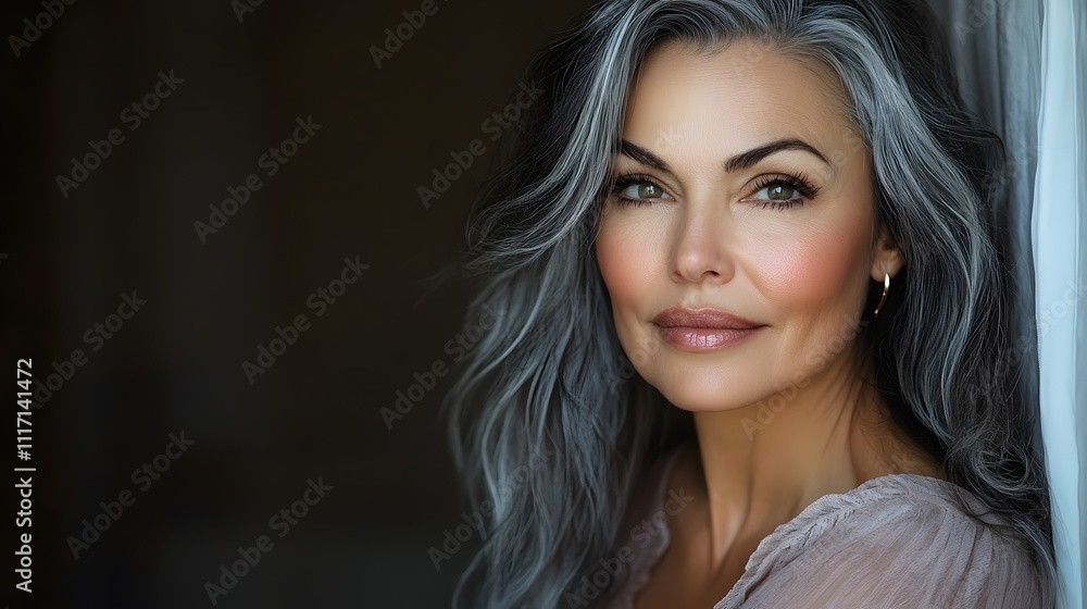 Naklejka premium Graceful woman portrait aging, elegant gray hair middle aged, radiant model skin fifties, vibrant care beautiful mature, timeless beauty shines,