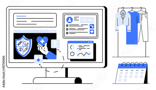 Computer monitor displaying healthcare data, medical icons, and analytics. Clothing rack with garments hanging and a calendar in view. Ideal for healthcare, technology, telemedicine, data analysis