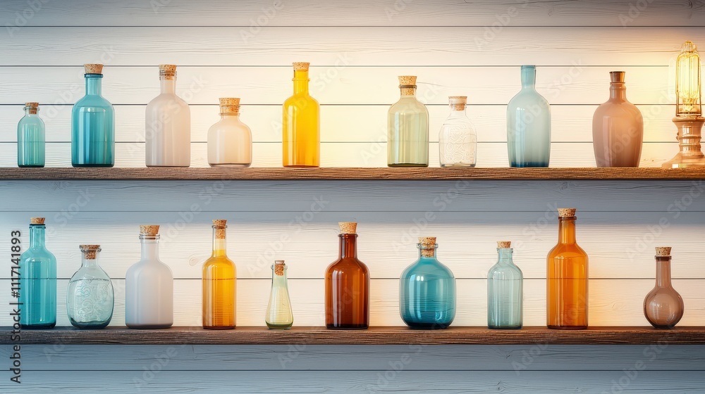 A collection of empty glass bottles in various shapes and colors, neatly arranged on a wooden shelf with a vintage vibe. A collection of empty glass bottles in various shapes and colors, neatly arranged on a wooden shelf with a vintage vibe.