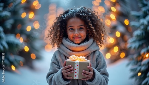 Smiling child holding gift in snowy winter scene with lights