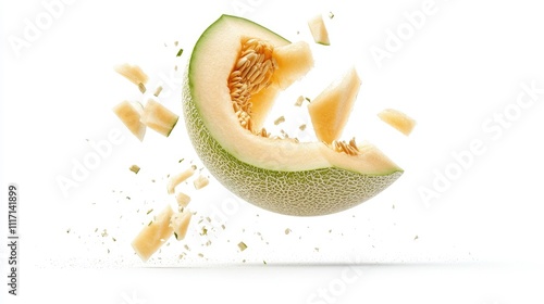 A sliced cantaloupe melon appears to be exploding with pieces in mid-air.