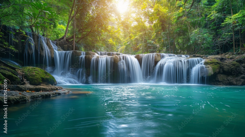 A stunning waterfall flows gracefully into a vibrant turquoise pool, surrounded by lush greenery. The scene exudes tranquility, inviting nature lovers to relish the serene beauty of this oasis. A stunning waterfall flows gracefully into a vibrant turquoise pool, surrounded by lush greenery. The scene exudes tranquility, inviting nature lovers to relish the serene beauty of this oasis.