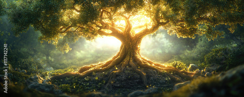 A majestic tree illuminated by golden sunlight in a serene forest setting. photo