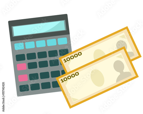 電卓とお金。レジ、レジ締め、会計、経理、簿記。ベクターイラスト