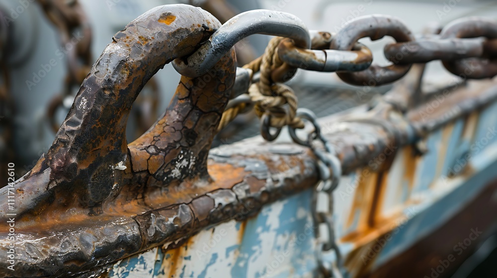Detailed view of a boat anchor with chain wrapped around a cleat Detailed view of a boat anchor with chain wrapped around a cleat