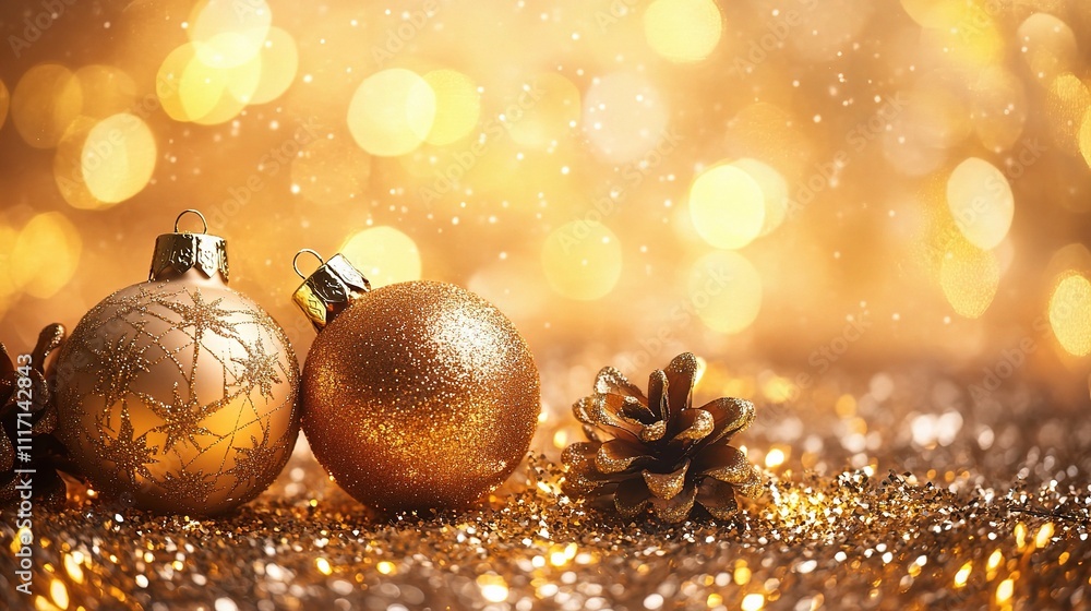 Festive Golden Christmas Background with Stars and Ornaments Festive Golden Christmas Background with Stars and Ornaments