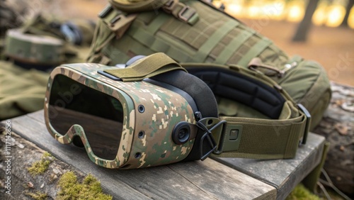 Camouflaged virtual reality headset sits on a wooden surface with a military style backpack in the background, suggesting its use in tactical training or simulated combat scenarios photo