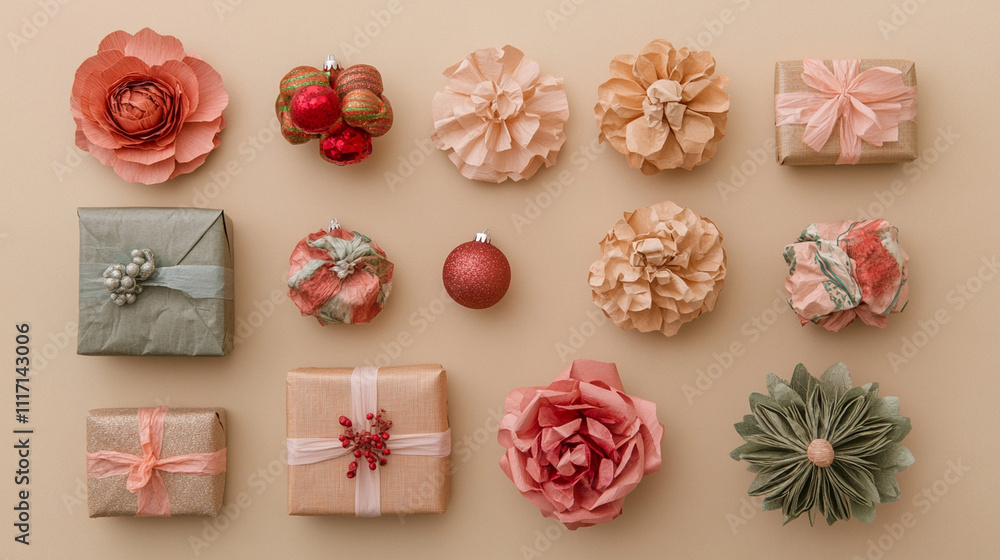 Zero waste Christmas flat lay with eco-friendly gifts wrapped in craft paper, festive ornaments, and flowers arranged on a beige background. Perfect for sustainable holiday concepts.
Zero waste Christmas flat lay with eco-friendly gifts wrapped in craft paper, festive ornaments, and flowers arranged on a beige background. Perfect for sustainable holiday concepts.