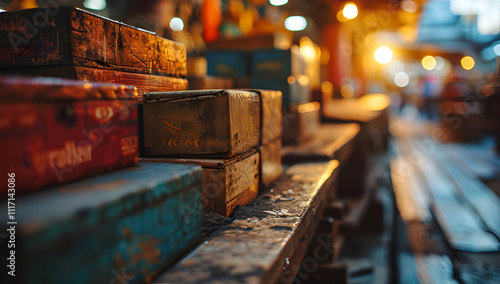 Wooden crates and boxes lined up on a rustic market stall at dusk, illuminated by warm ambient lights photo