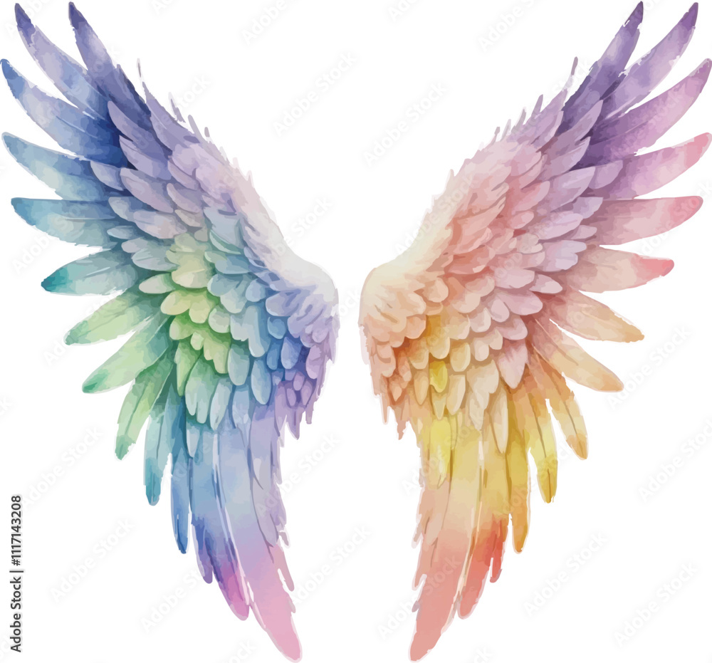 Fototapeta premium A pair of rainbow colored angel wings on a white background