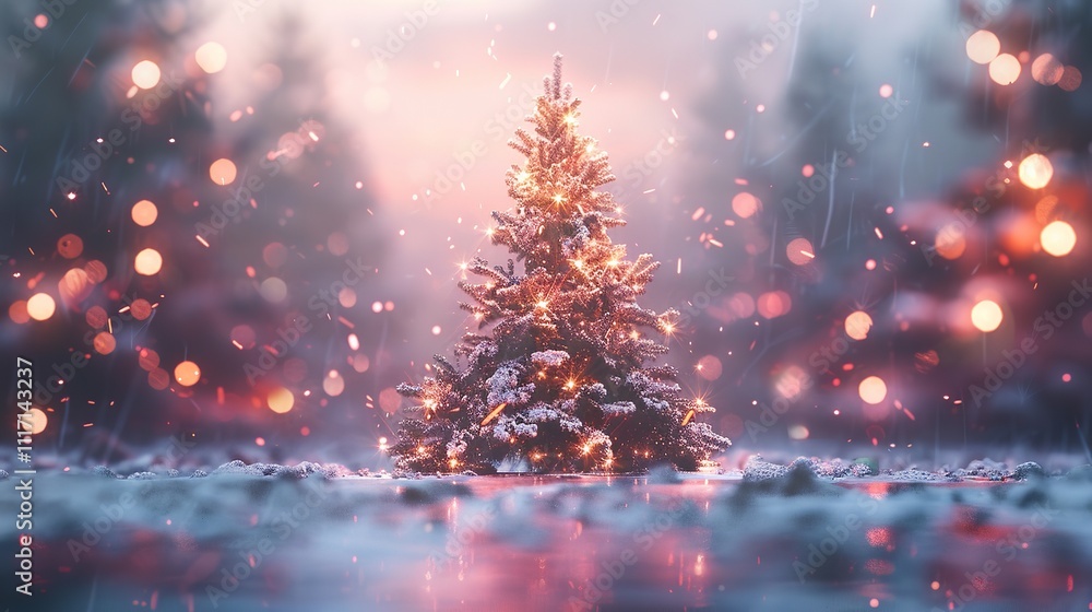 Naklejka premium A watercolor snowy Magical forest with christmas trees and glowing lights, Ai Generative.