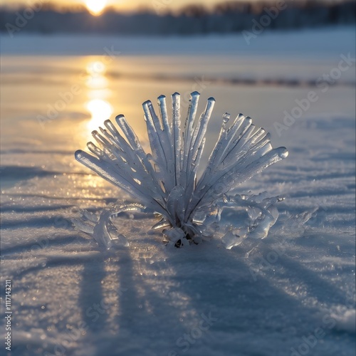 A hyper-detailed shot of a single, rare frost flower forming on a frozen lake at dawn, with delicate crystalline structures illuminated by soft golden light, evoking fragility and beauty, Generative A
