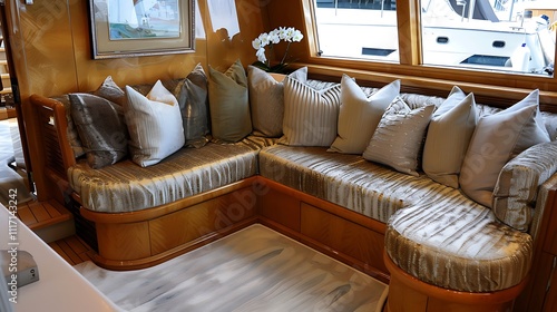 Detailed view of a boat interior with plush seating and furnishings photo