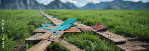 Colorful arrows on a wooden plank rising from the ground amidst a blue-green landscape, botanical, wood, blooming