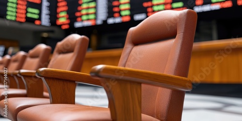 Close-up of elegant brown wooden chairs in a modern financial office setting, showcasing comfort and professionalism.