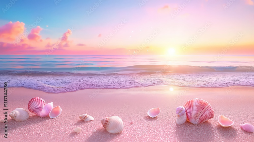 A tranquil pink ocean blending into a soft blue pastel horizon, delicate seashells scattered across the sand, and warm sunlight casting a rosy glow over the scene. A tranquil pink ocean blending into a soft blue pastel horizon, delicate seashells scattered across the sand, and warm sunlight casting a rosy glow over the scene.