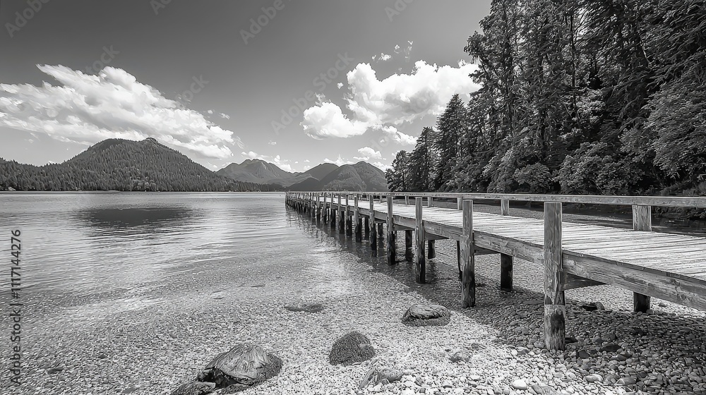 Obraz premium A tranquil wooden pier over crystal-clear water, with vibrant reflections of the sky, bordered by lush green trees and distant hills black and white photo.