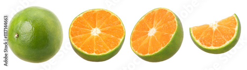 Close-up, Tangerine orange or Clementine, half and slices isolated, transparent PNG, PNG format, cut out